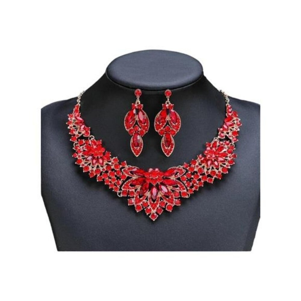 Red Necklace Earrings Set Crystal Rhinestone Bridal Jewelry Set Prom Jewelry Set